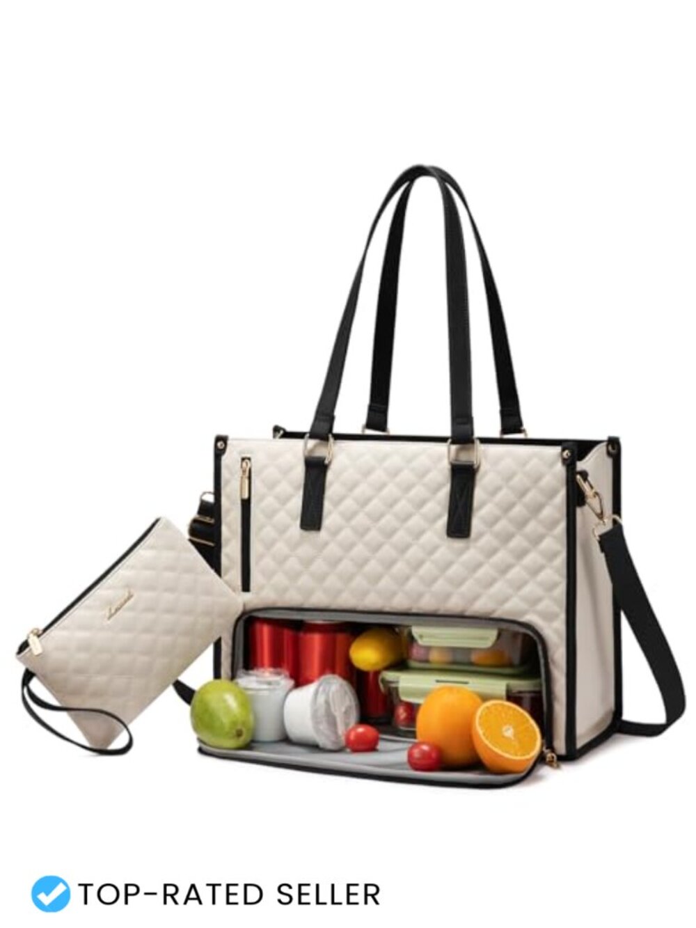 Quilted Laptop Lunch Tote Bag with Insulated Compartment and Wallet - Picture 1 of 6